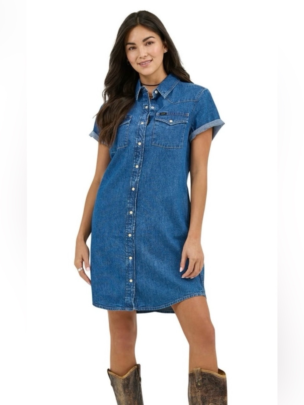 Lee Women's Heritage Western Sleeveless Midi Blue Denim Dress Button Down Sz M